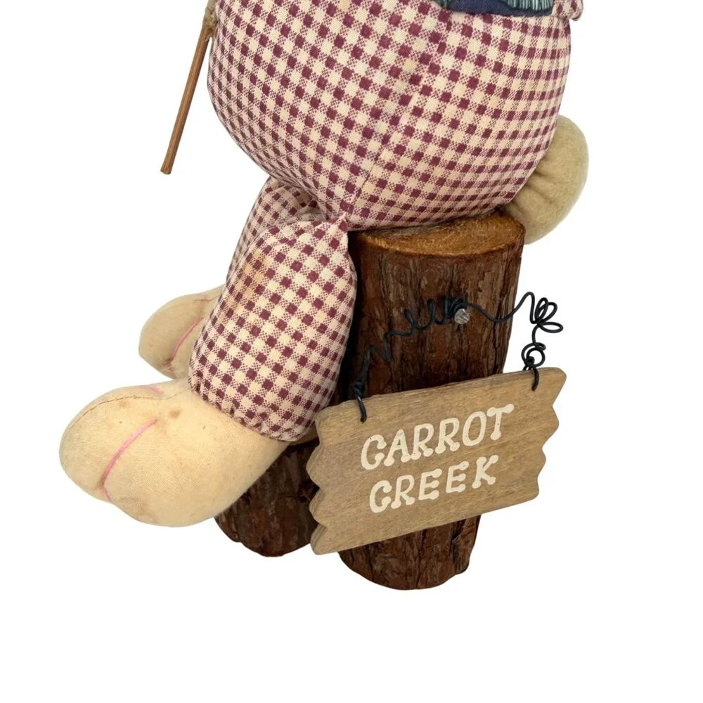 PRIMITIVE AMERICANA FISHING PLUSH BUNNY RABBIT ON LOG BASE w/ GLASSES EASTER